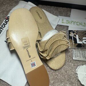 Larroude Ivy Ruffle Raffia Slide Sandal